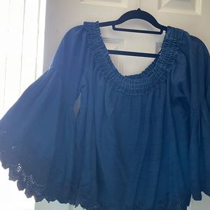 Blue Off the Shoulder Blouse with Bell Sleeves
